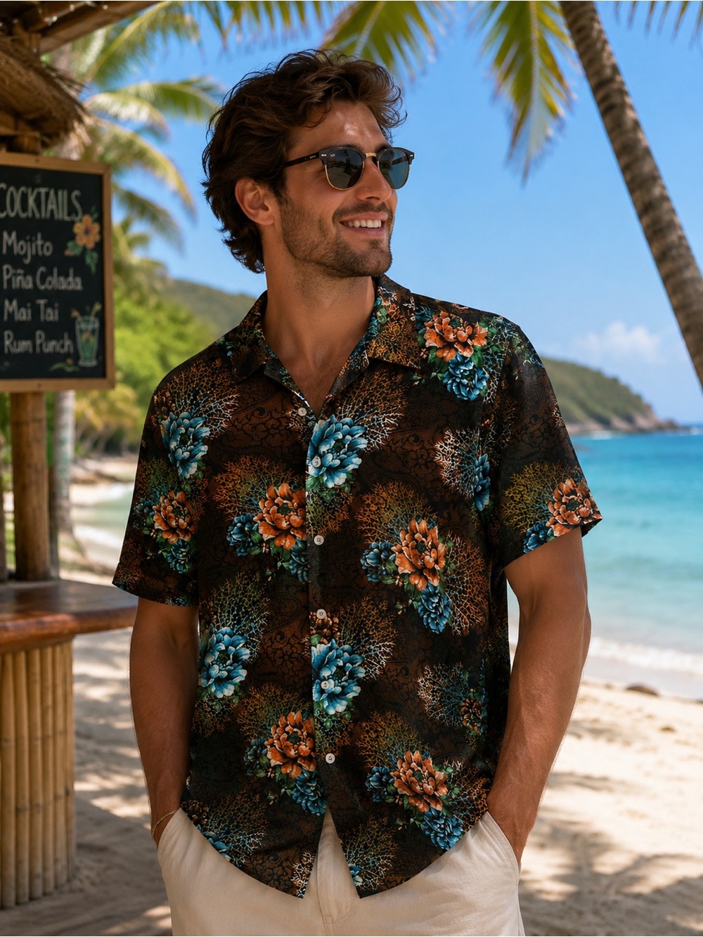 Body Glove Men's Floral Shirt - Brown, Blue, and Orange